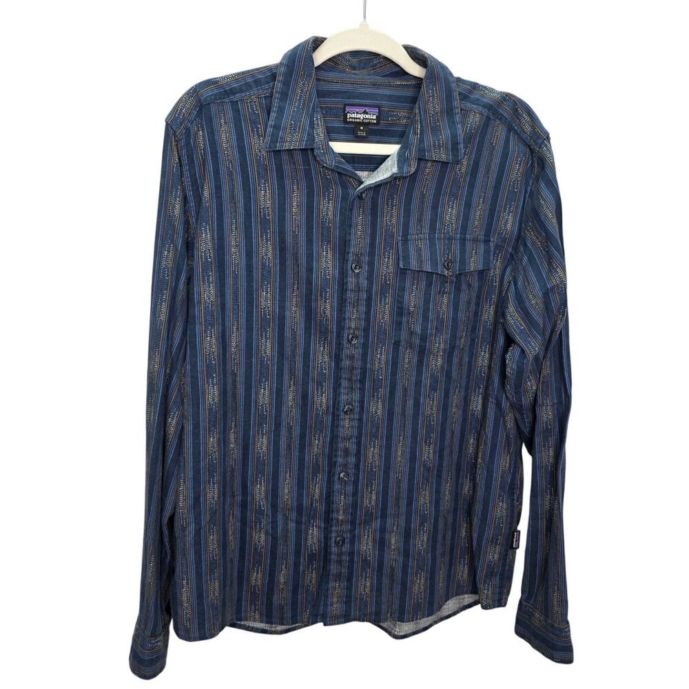 Patagonia Organic Cotton Men's M Blue Striped Shirt Gorpcore Outdoor Some flaws